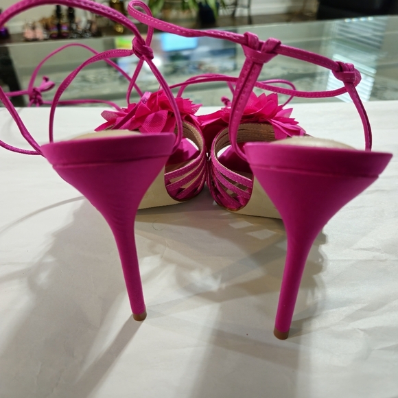 Steve Madden Jolisa Pink Sandals Satin Flower Ankle Wrap Stiletto New sz 8 - Picture 9 of 12
